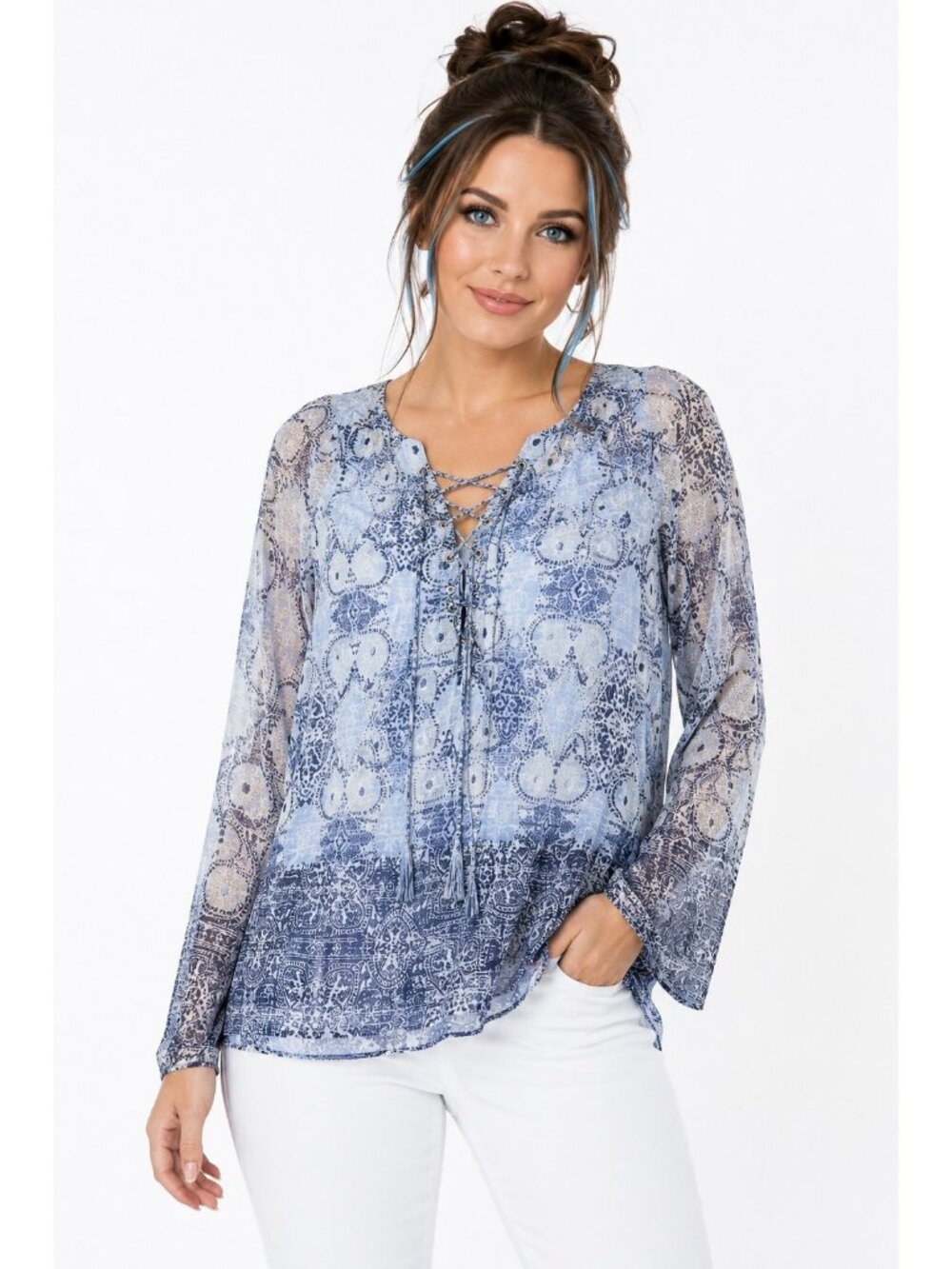 INC International Concepts Womens 1X Blue Paisley Sheer Blouse Lined Boho Top